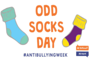 Picture of two odd coloured socks and the 'Od Sock Day' logo for Anti-Bullying Week